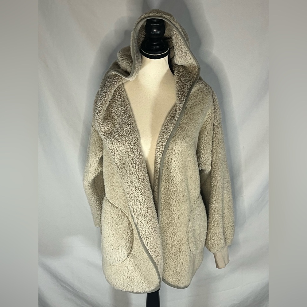 Carbon2Cobalt Women’s Sherpa Hoodie Jacket Beige Open Front Fleece Cardigan S/M - Picture 2 of 8